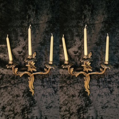 Gorgeous Pair Large 3 Arm Antique French Solid Brass Candle Wall Lights Sconces