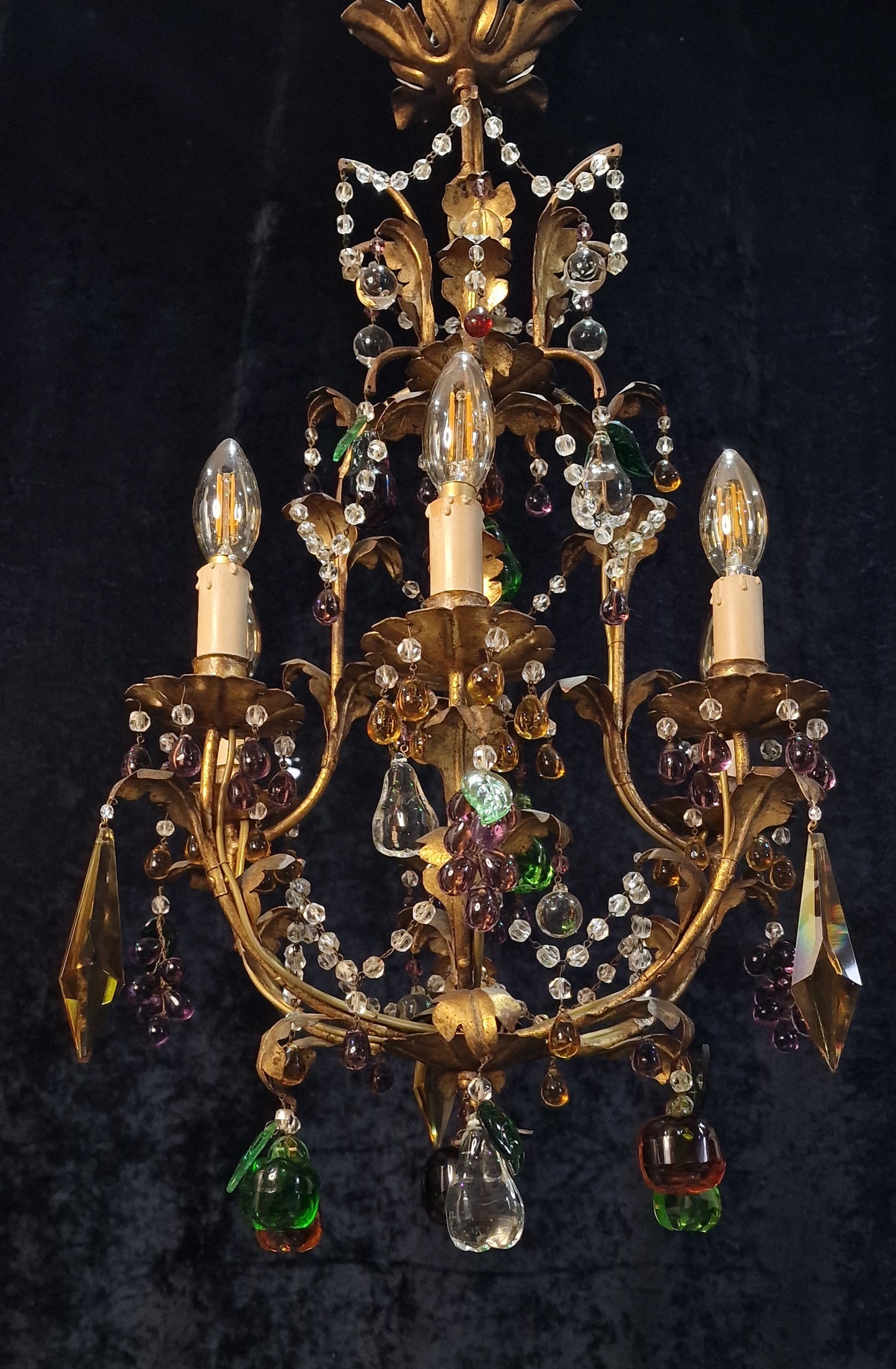 Fabulous Vintage Italian 6 Arm Caged Tole Murano Fruits Chandelier Light