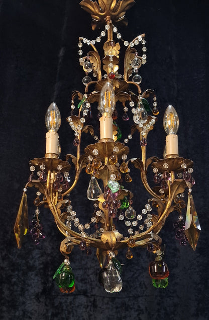 Fabulous Vintage Italian 6 Arm Caged Tole Murano Fruits Chandelier Light