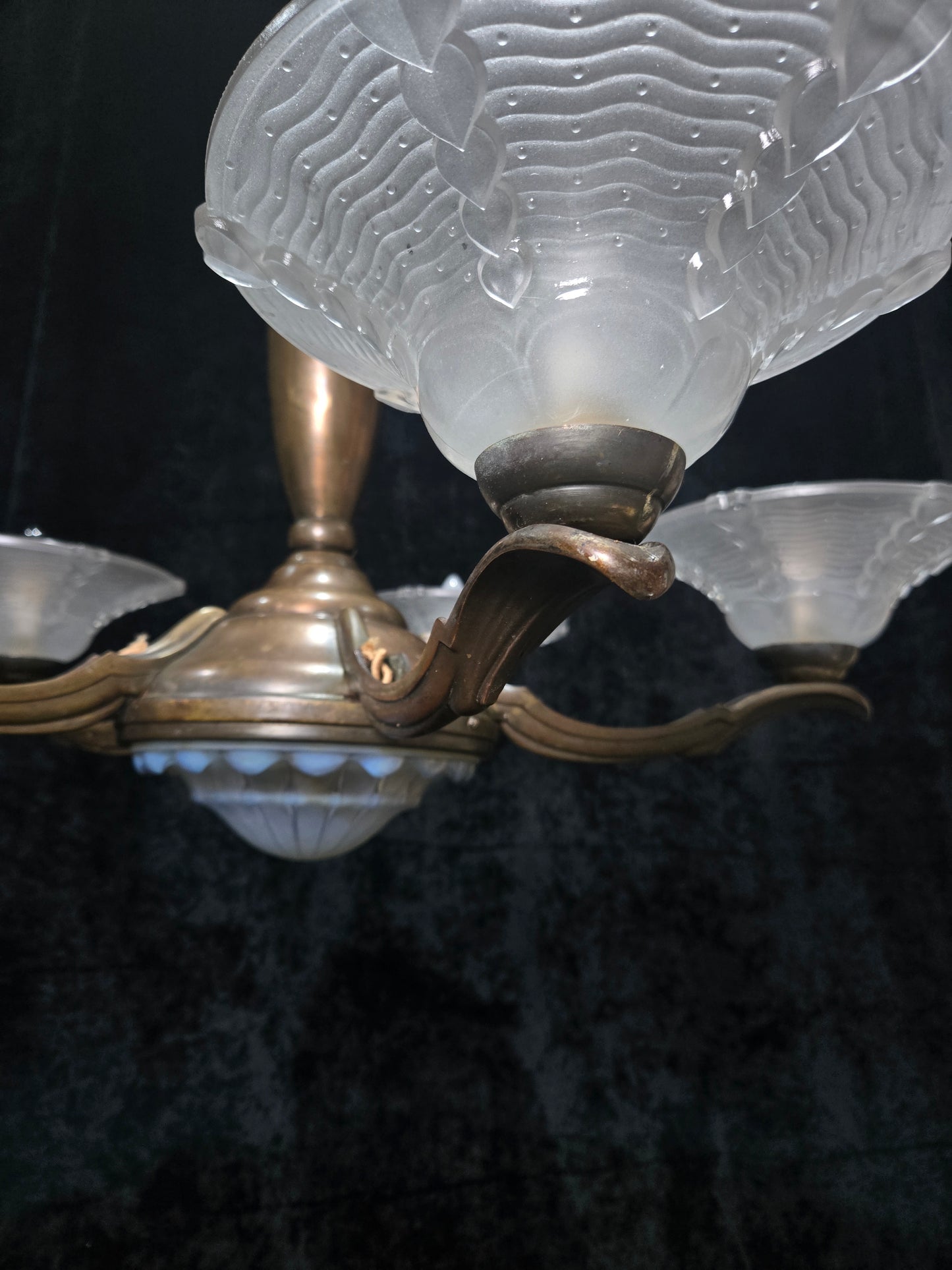 Large Antique French EZAN Art Deco 5 Arm 6 Light Brass Heavy Chandelier Light