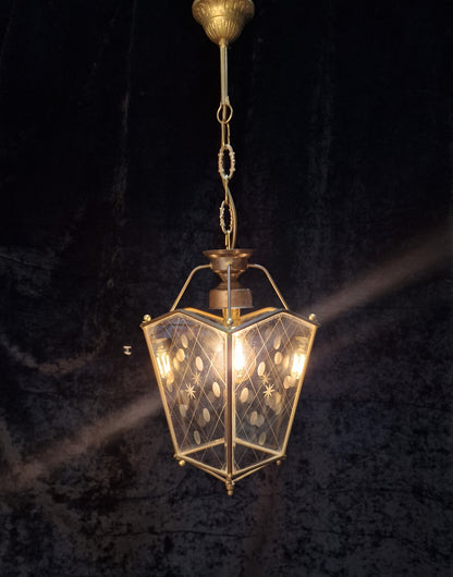 Classical Vintage French 1 Light Brass Bevelled Cut Glass Lantern Ceiling Light