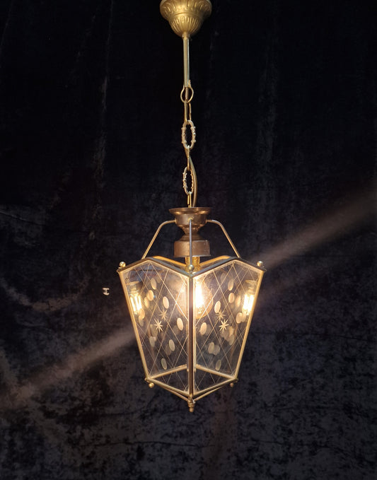 Classical Vintage French 1 Light Brass Bevelled Cut Glass Lantern Ceiling Light