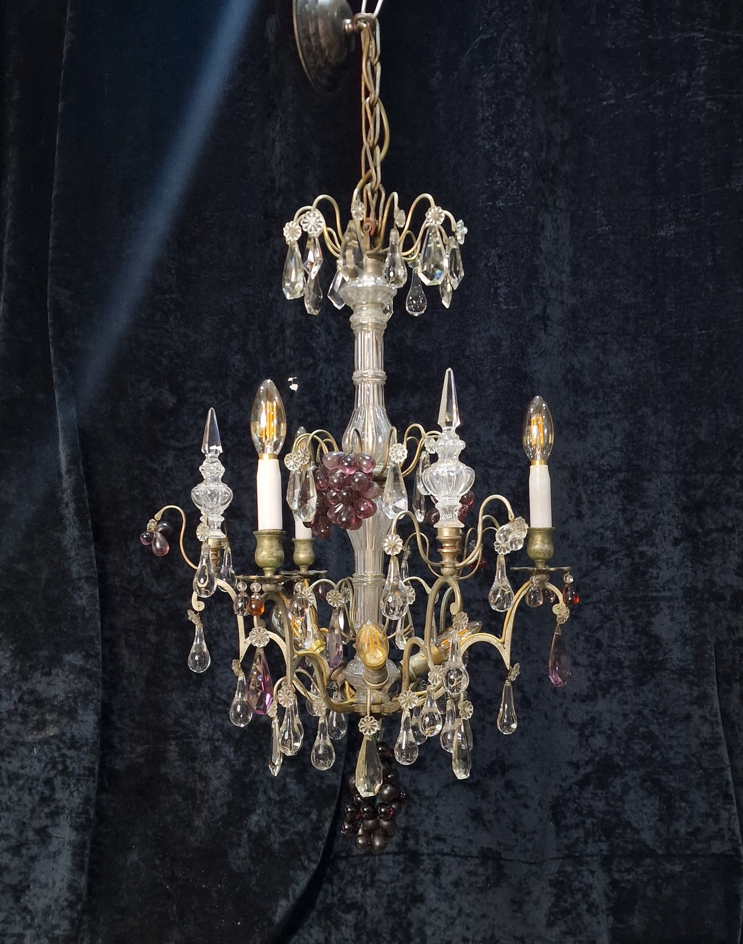 Exceptional Antique French 6 Light Murano Grape Crystal Solid Brass Chandelier