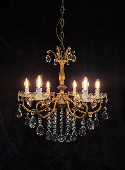 Gorgeous Heavy Vintage Italian 6 Arm Brass Leaf Crystal Chandelier Ceiling Light