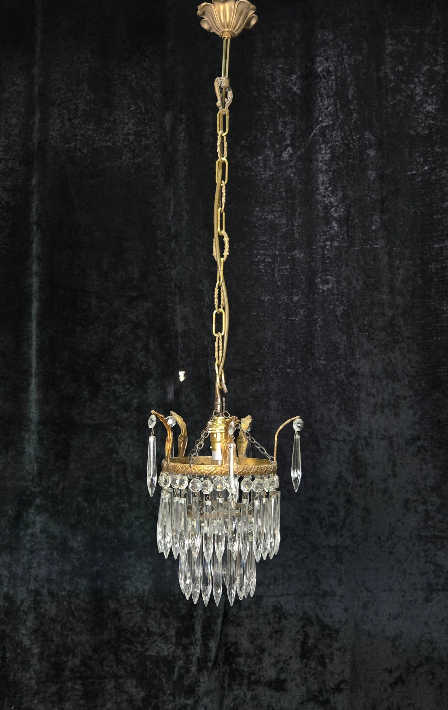 Beautiful Antique French Crystal Waterfall Brass Leaf Chandelier Ceiling Light