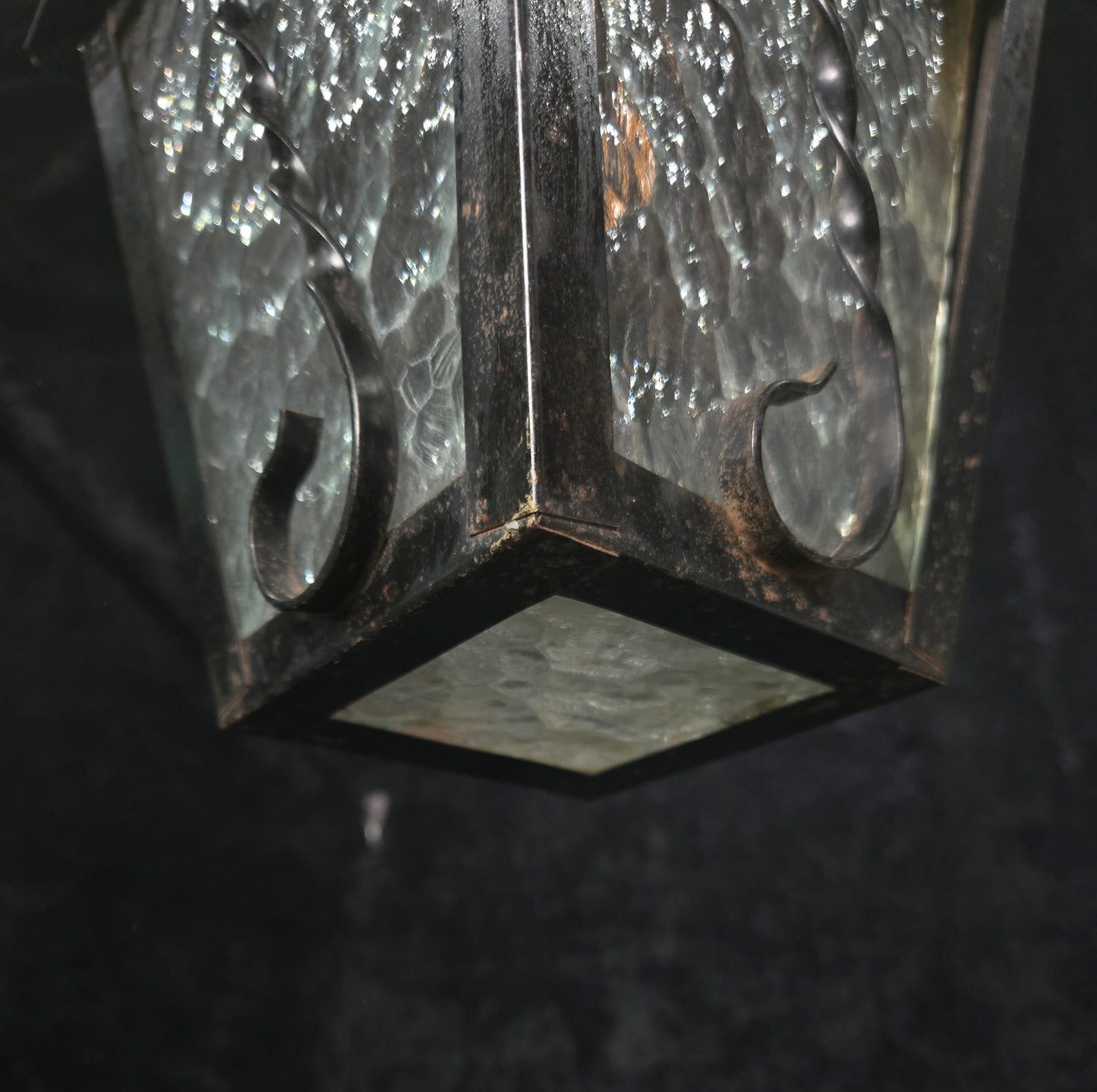 Lovely Vintage French Wrought Iron Gothic Patterned Glass Lantern Light