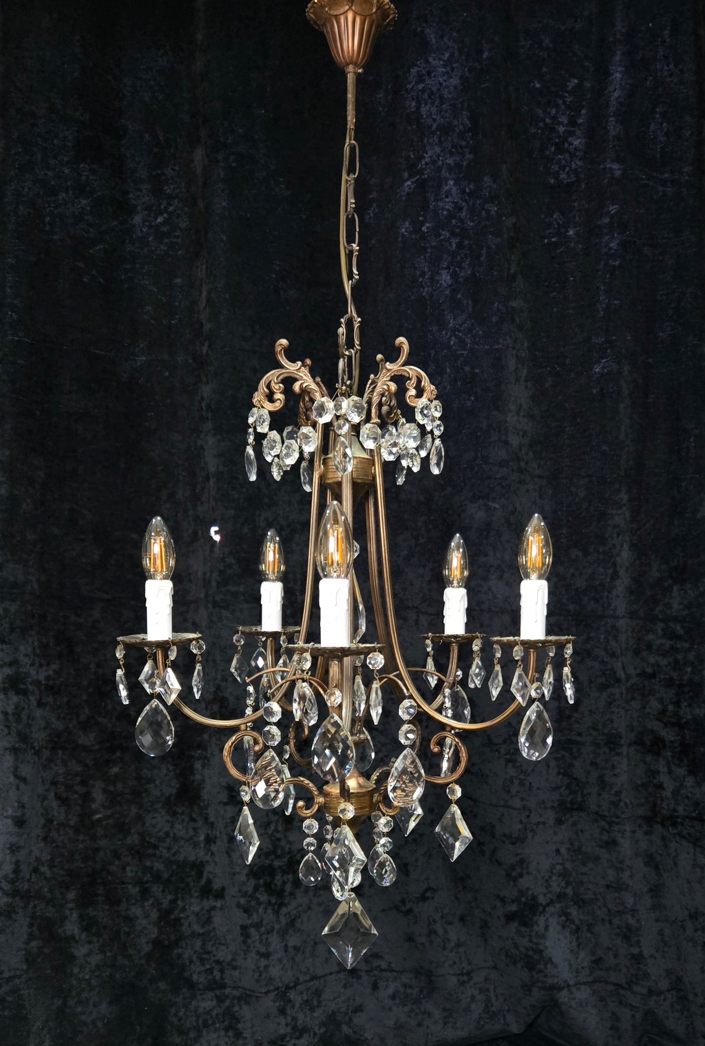 Beautiful Vintage Italian 5 Arm Brass Crystal Cage Chandelier Ceiling Light