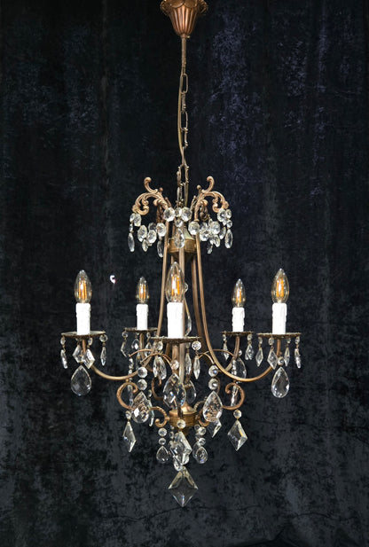 Beautiful Vintage Italian 5 Arm Brass Crystal Cage Chandelier Ceiling Light