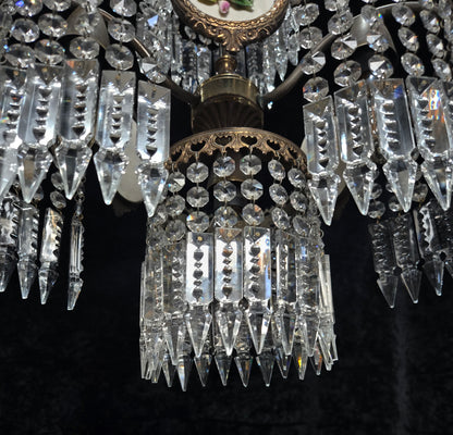 Beautiful Vintage Italian Capodimonte Flower Brass Crystal 4 Light Chandelier