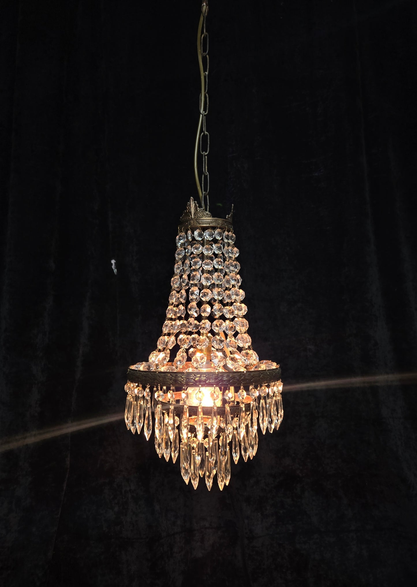 Beautiful Antique French 3 Tier Waterfall Montgolfiere Crystal Brass Chandelier