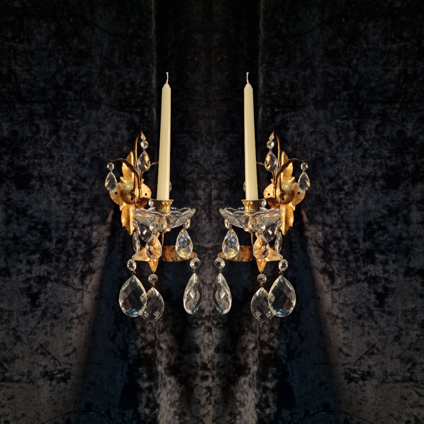 Stunning Pair Vintage Italian 1 Arm Florentine Toleware Candle Crystal Sconces