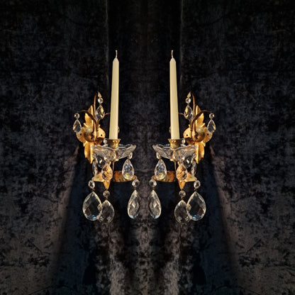 Stunning Pair Vintage Italian 1 Arm Florentine Toleware Candle Crystal Sconces