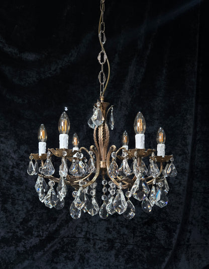Fabulous Heavy Vintage Italian 6 Arm Leaf Crystal Chandelier Ceiling Light