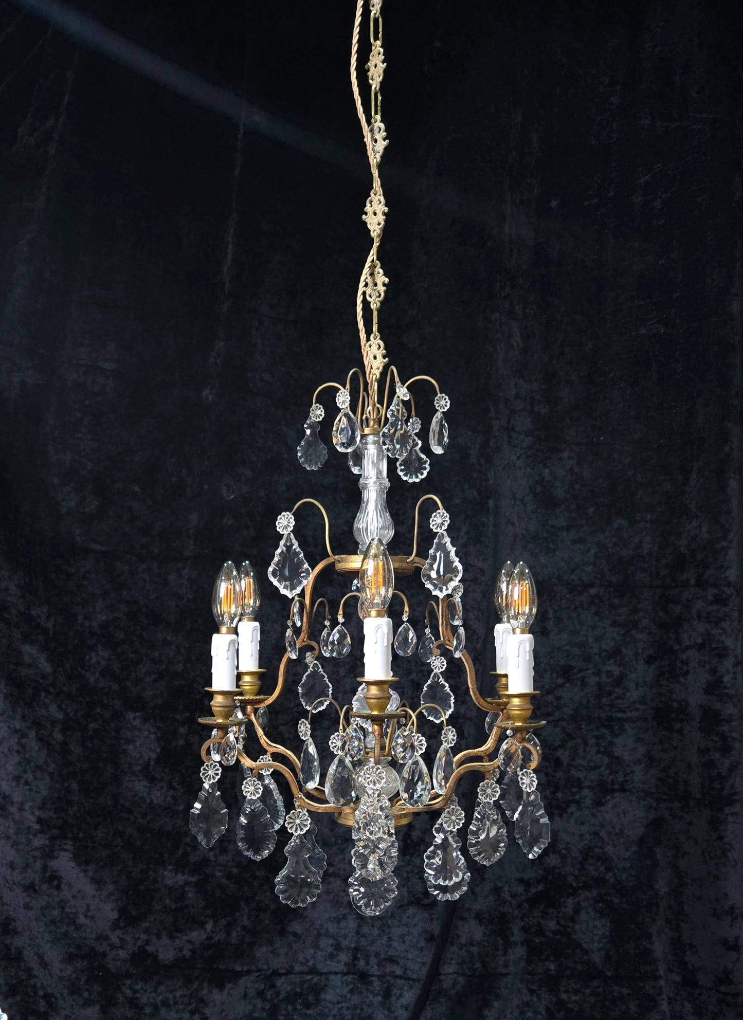 Stunning Antique French 6 Arm Cage Bronze Crystal Chandelier Ceiling Light