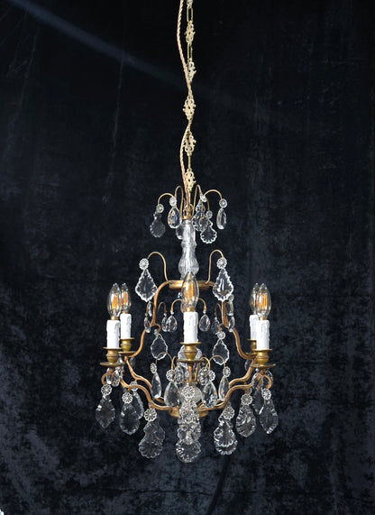 Stunning Antique French 6 Arm Cage Bronze Crystal Chandelier Ceiling Light