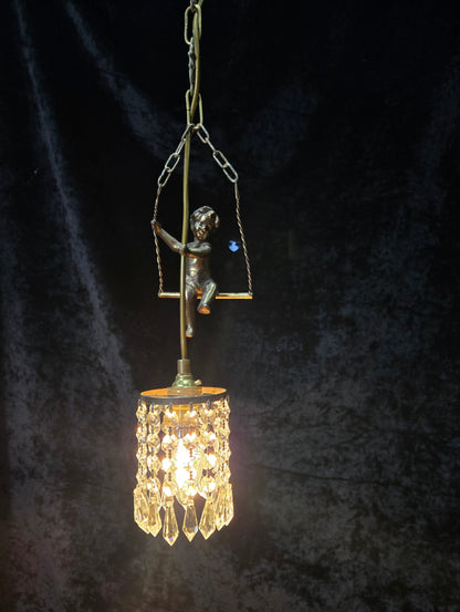 Beautiful Petite Vintage French Brass Cherub Crystal Chandelier Ceiling Light