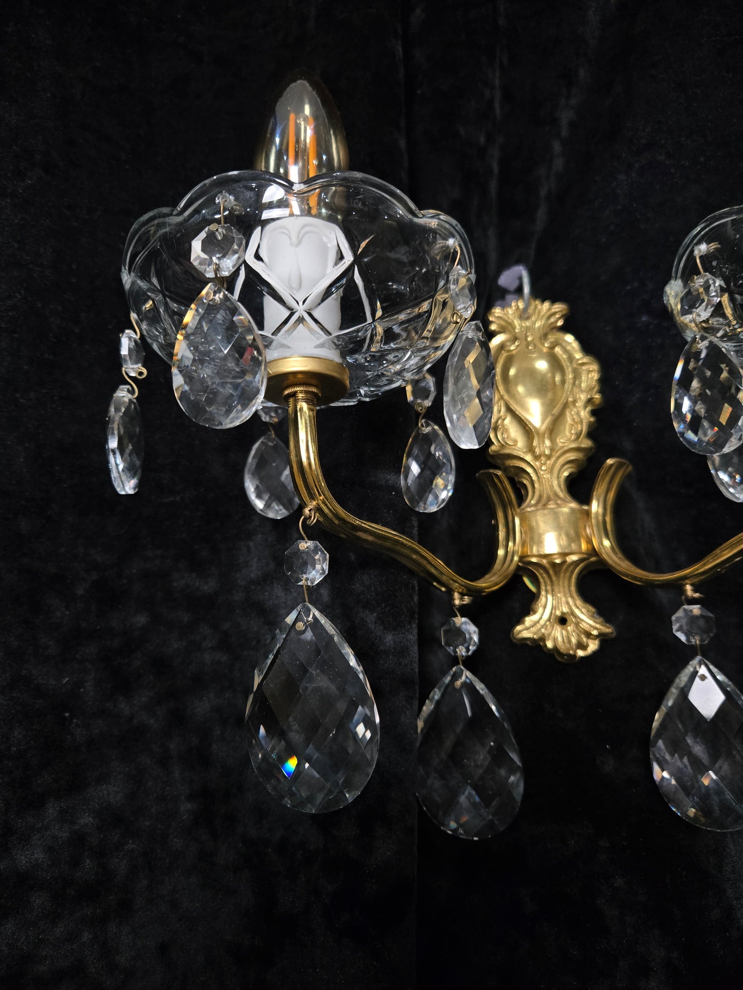 Fabulous Pair Vintage French 2 Arm Brass Leaf Crystal Wall Lights Sconces