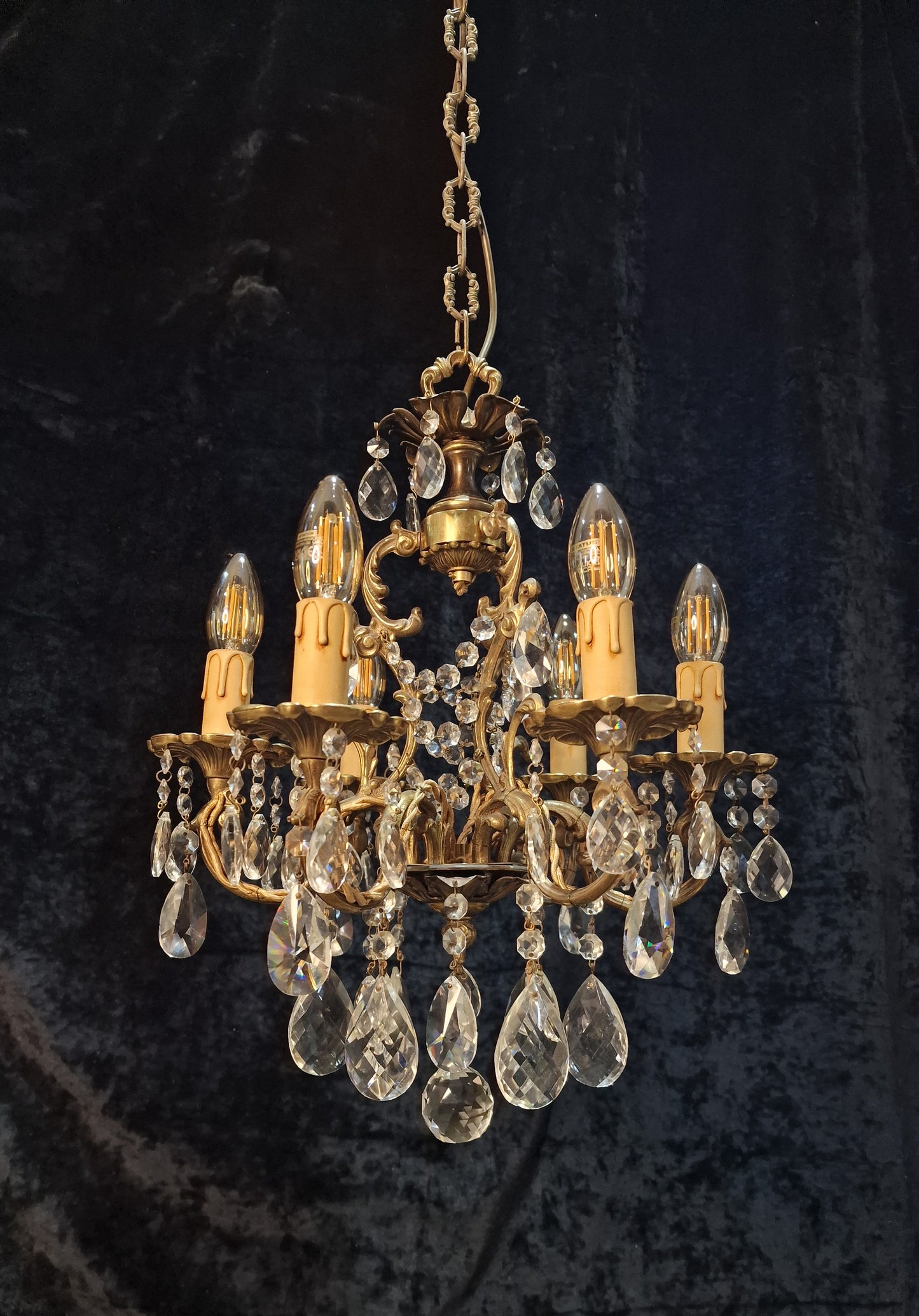 Beautiful Vintage French 6 Arm Brass Caged Crystal Chandelier Ceiling Light