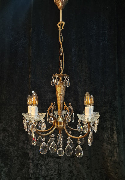 Lovely Elegant Vintage Italian 5 Arm Brass Crystal Chandelier Ceiling Light