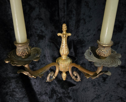 Decorative Pair of Antique French 2 Arm Solid Brass Candle Wall Lights Sconces