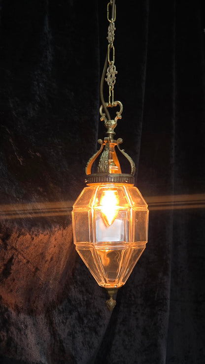 Traditional Vintage French Brass Geometric Clear Glass 1 Light Lantern