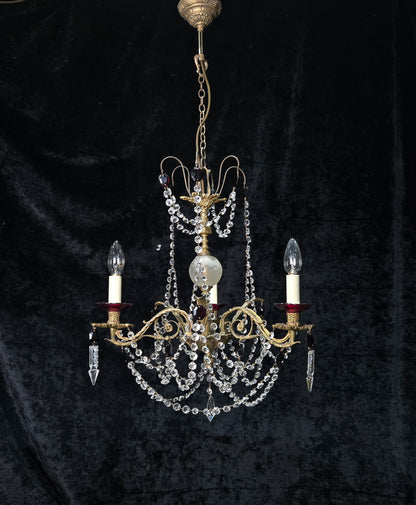 Stunning Antique French 3 Arm Glass Garnet Crystal Chandelier Ceiling Light