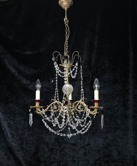Stunning Antique French 3 Arm Glass Garnet Crystal Chandelier Ceiling Light