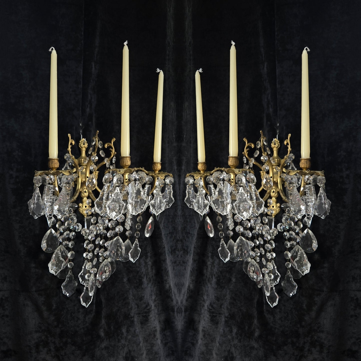 Superb Pair Large Vintage Italian Gilded Brass 3 Arm Candle Crystal Wall Lights