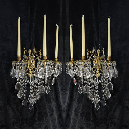 Superb Pair Large Vintage Italian Gilded Brass 3 Arm Candle Crystal Wall Lights