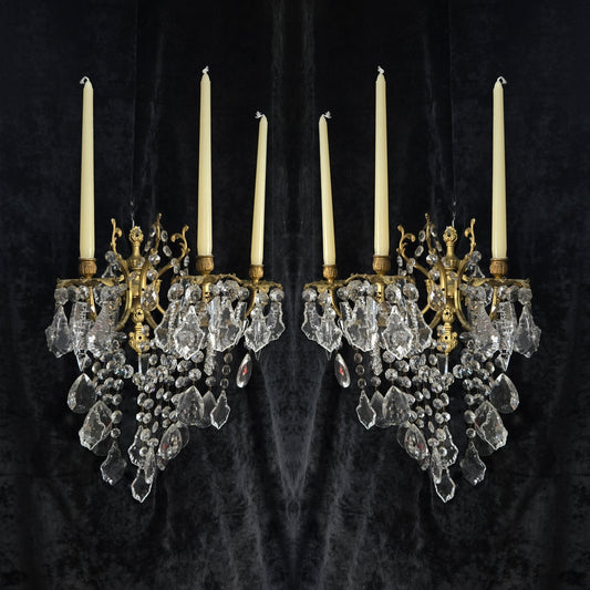 Superb Pair Large Vintage Italian Gilded Brass 3 Arm Candle Crystal Wall Lights