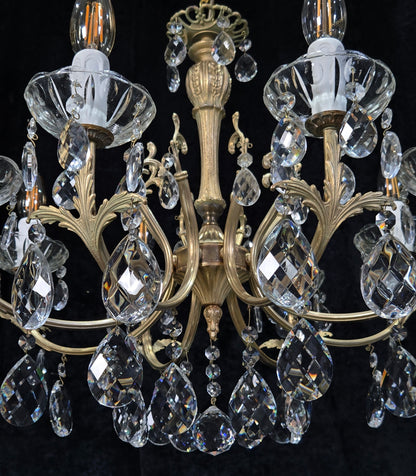 Elegant Vintage Italian 8 Arm Brass Crystal Leaf Chandelier Ceiling Light
