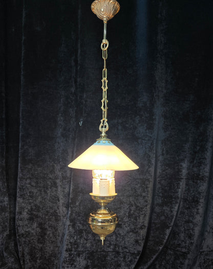 Unique Vintage Milk Glass Brass Bouillotte Oil Lamp Style 3 Light Chandelier