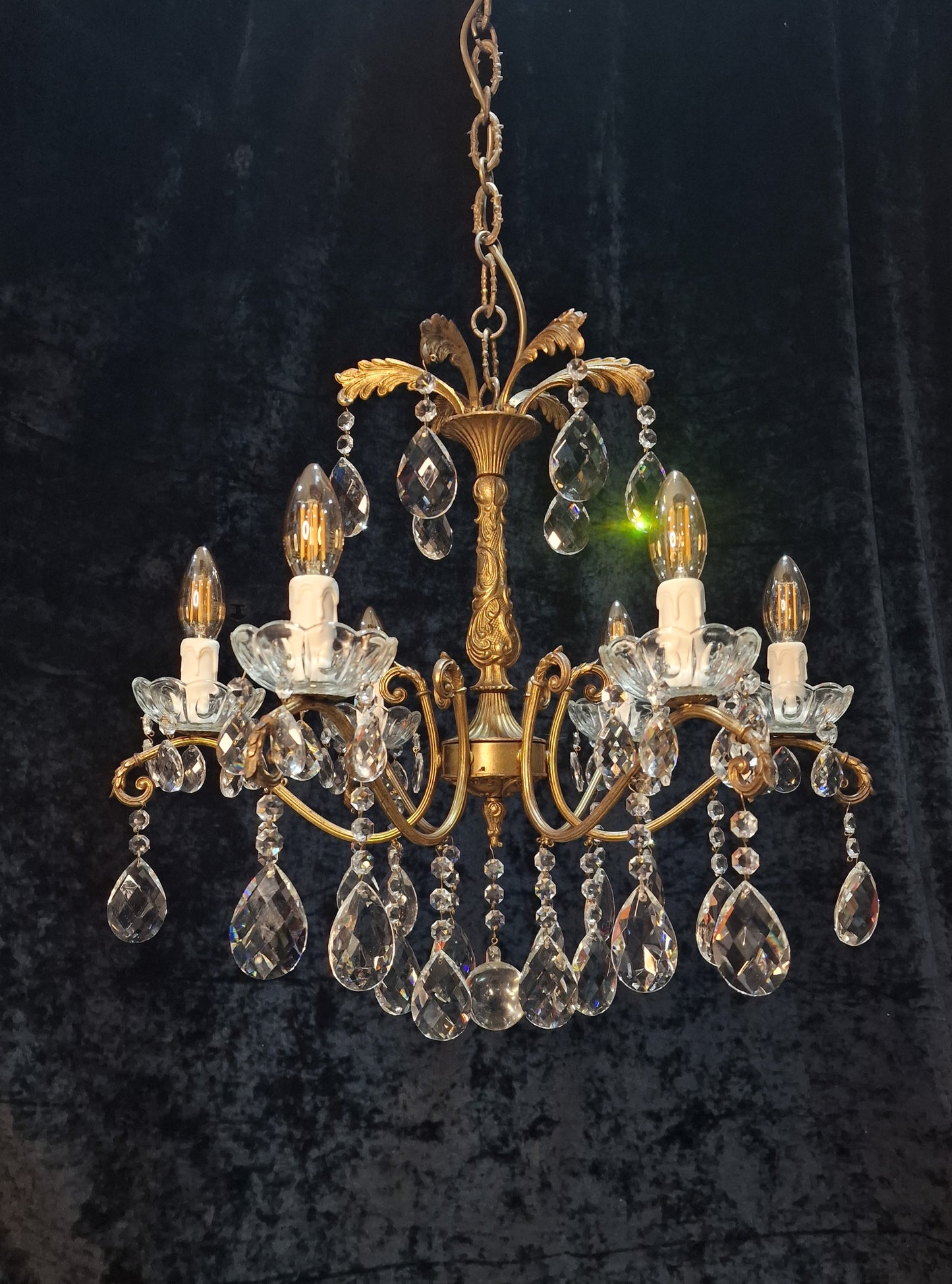 Fabulous Antique French 6 Arm Heavy Brass Crystal Leaf Chandelier Ceiling Light