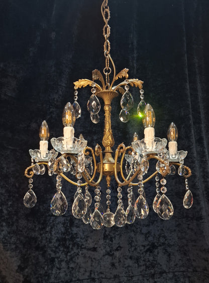 Fabulous Antique French 6 Arm Heavy Brass Crystal Leaf Chandelier Ceiling Light