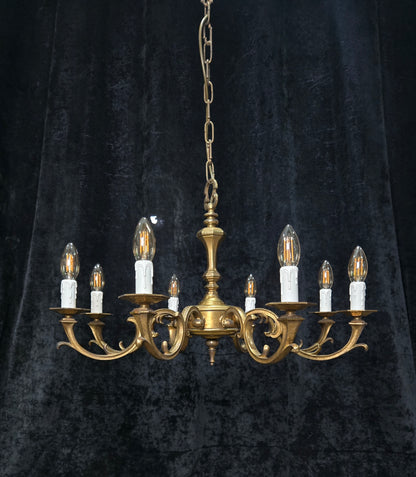 Traditional Heavy Vintage Dutch 8 Arm Brass Gothic Style Chandelier Light