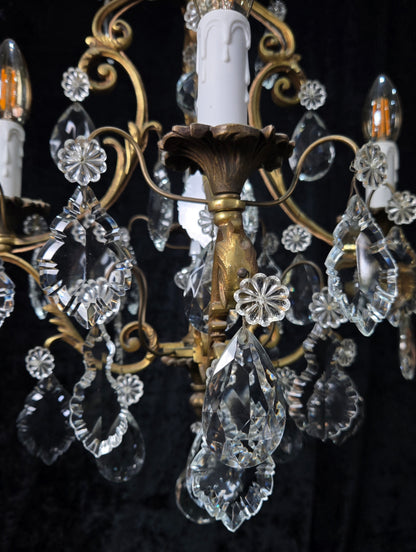 Gorgeous Heavy Antique French 4 Arm Caged Bronze Crystal Chandelier Light