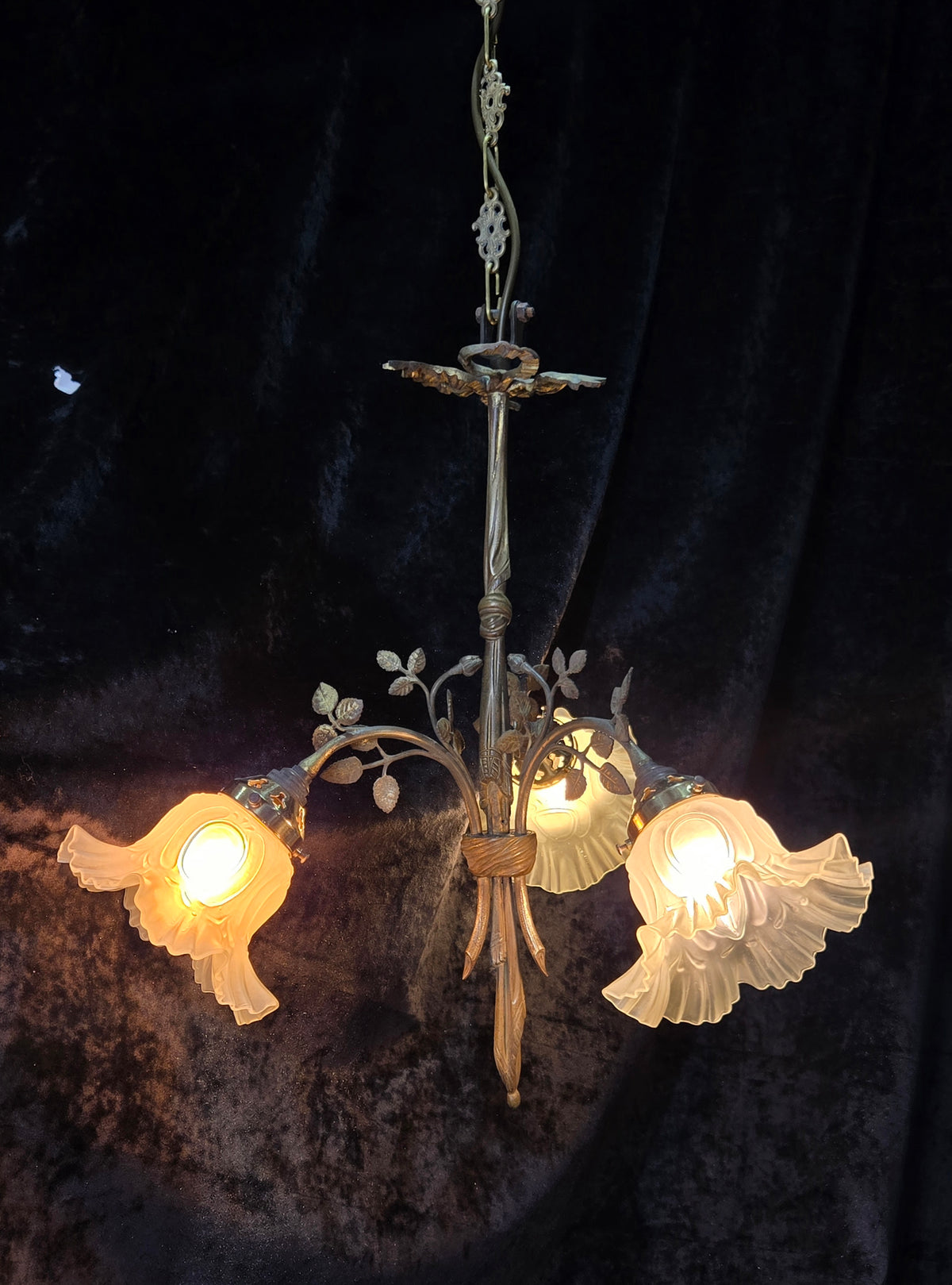 Gorgeous Antique French Brass 3 Arm Floral Chandelier Ceiling Light with Shades