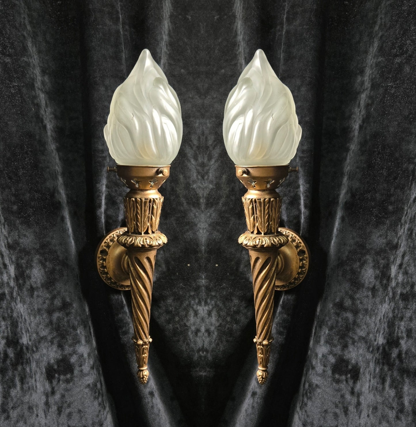 Decorative Pair Vintage Italian Gilded Torchere Wall Lights Sconces Flame Shades