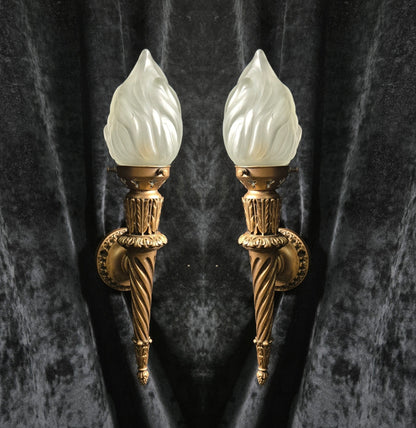 Decorative Pair Vintage Italian Gilded Torchere Wall Lights Sconces Flame Shades