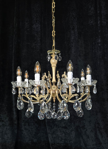 Elegant Vintage Italian 8 Arm Brass Crystal Leaf Chandelier Ceiling Light