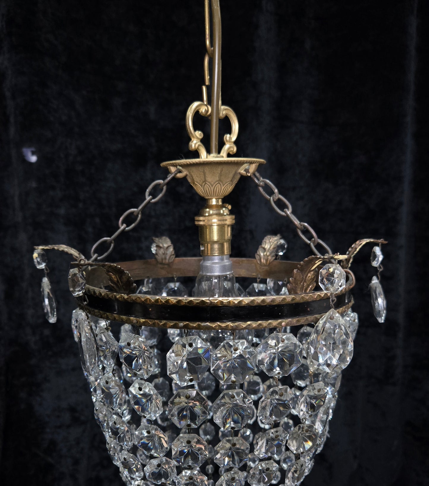 Stunning Antique French Empire Style Brass Crystal Leaf Chandelier Ceiling Light