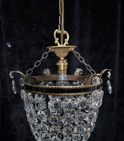 Stunning Antique French Empire Style Brass Crystal Leaf Chandelier Ceiling Light