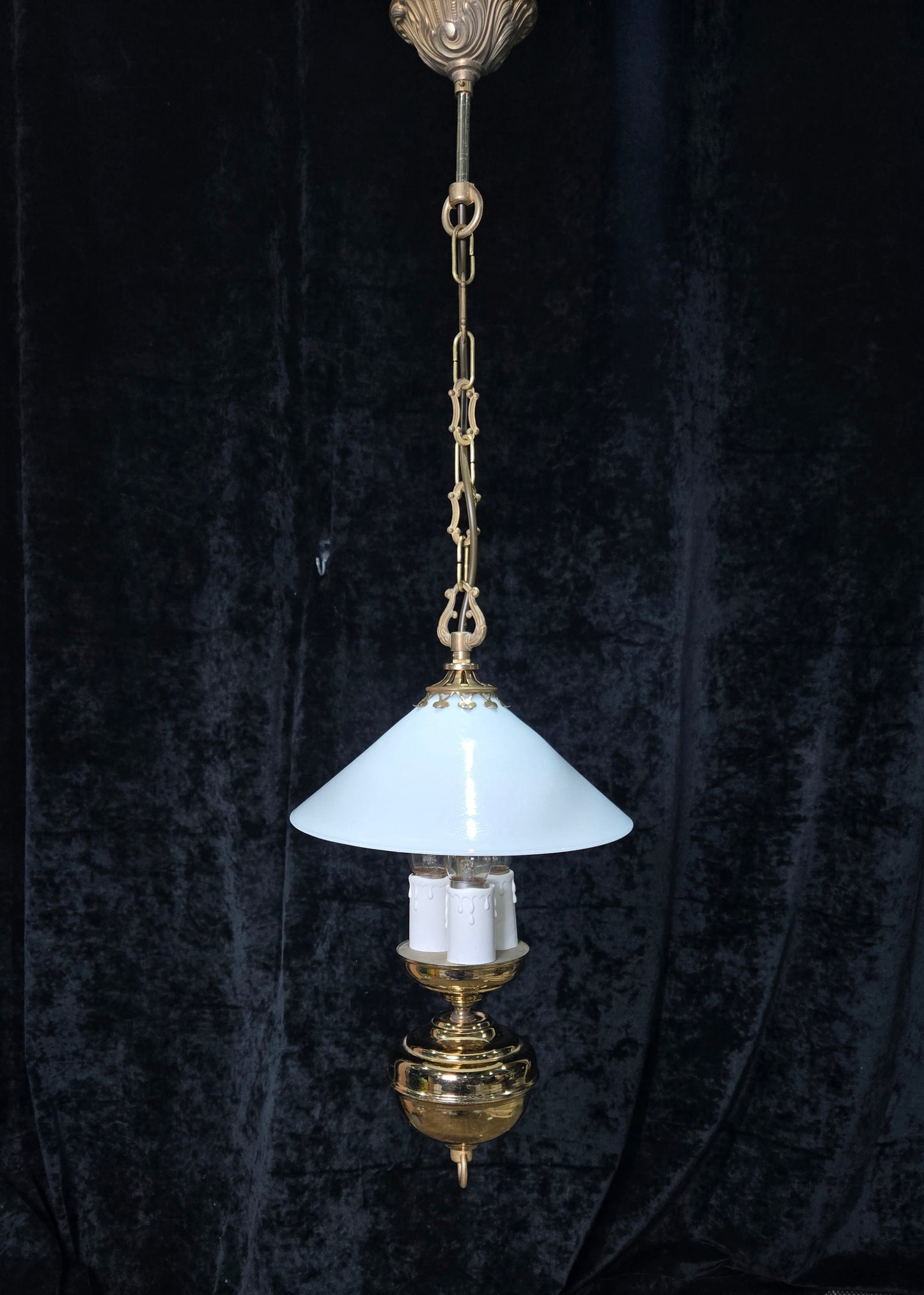 Unique Vintage Milk Glass Brass Bouillotte Oil Lamp Style 3 Light Chandelier