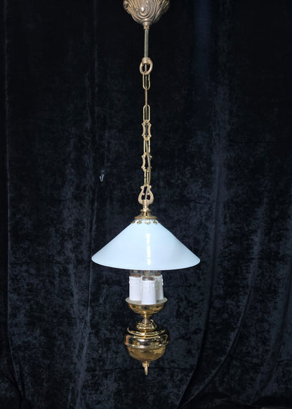 Unique Vintage Milk Glass Brass Bouillotte Oil Lamp Style 3 Light Chandelier