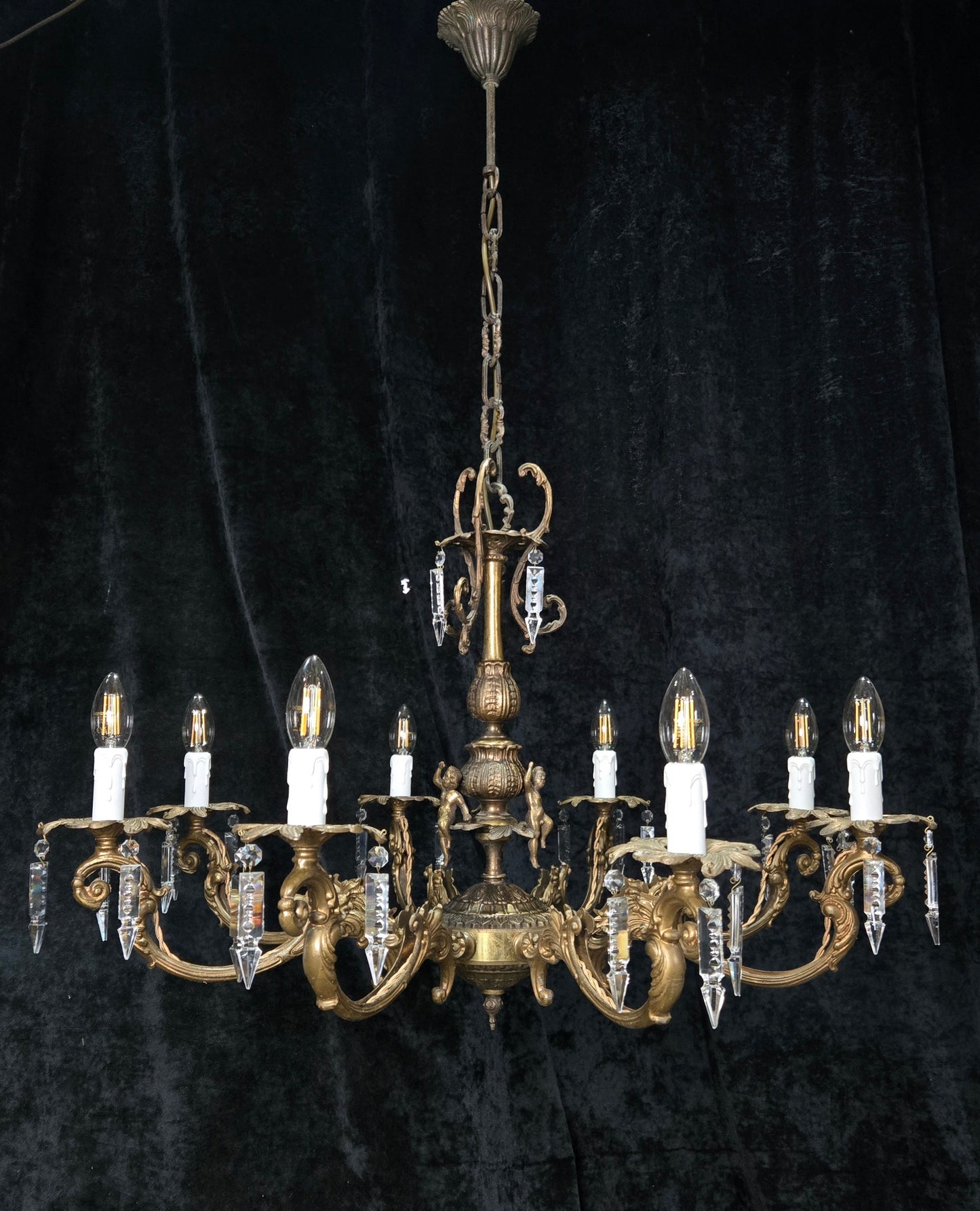 Fabulous Vintage Italian 8 Arm Large Brass Crystal Cherub Chandelier Light