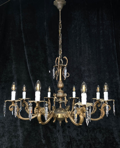 Fabulous Vintage Italian 8 Arm Large Brass Crystal Cherub Chandelier Light