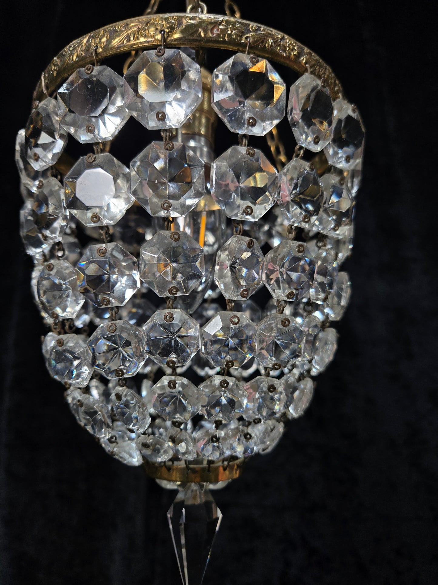 Petite Antique French Crystal Half Bag Brass 1 Light Chandelier Ceiling Light
