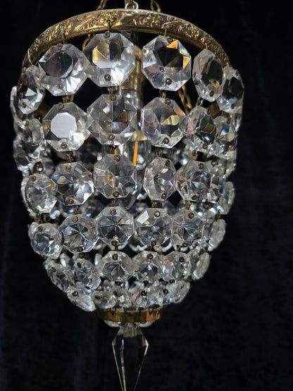 Petite Antique French Crystal Half Bag Brass 1 Light Chandelier Ceiling Light