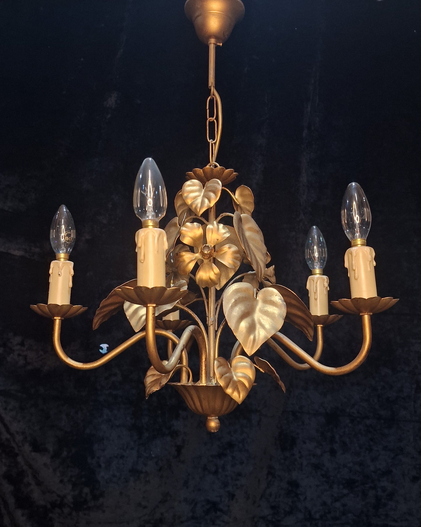 Pretty Vintage French 5 Arm Foliage Toleware Gilded Chandelier Light