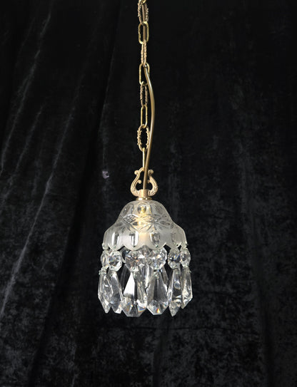 Stunning Petite Cut Glass Crystal Antique Shade Brass Pendant Light Chandelier